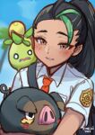  1girl 2022 black_hair blush brown_eyes dark_skin dated freckles green_hair highres lechonk multicolored_hair nemona_(pokemon) outdoors pokemon pokemon_(game) pokemon_on_arm pokemon_on_shoulder pokemon_sv smoliv temachii 