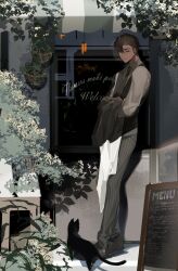  1boy ameinu black_cat brown_hair cat collared_shirt full_body grey_pants highres long_sleeves male_focus original outdoors panties pants plant shirt shoes short_hair standing striped_clothes striped_panties underwear vest 