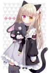  1girl animal_ear_fluff animal_ears bangs black_jacket black_legwear blush brown_eyes brown_hair cat_ears cat_girl cat_tail closed_mouth commentary_request dress eyebrows_visible_through_hair frilled_dress frills grey_dress hair_ornament heart heart_hair_ornament heterochromia highres jacket long_hair long_sleeves looking_at_viewer nakkar object_hug original puffy_long_sleeves puffy_sleeves ringlets signature sleeves_past_wrists solo stuffed_animal stuffed_bunny stuffed_toy tail thigh-highs two_side_up very_long_hair violet_eyes 
