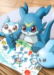  3others chibimon chicomon crayon digimon digimon_(creature) drawing evolutionary_line happy highres holding holding_crayon indoors manchi_kansuke multiple_others no_humans open_mouth paper red_eyes sitting smile table v-mon 