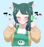  1girl animal_ears apron blush cat_ears clenched_hand closed_eyes clover_hair_ornament facing_viewer frown green_hair hair_ornament heart highres long_hair long_sleeves simple_background solo sumi_suya sunaonakapipara sweater upper_body virtual_youtuber 