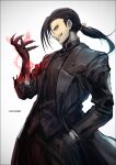 1boy black_hair fullmetal_alchemist grin k-suwabe ling_yao long_hair male_focus ponytail red_eyes simple_background smile solo white_background 