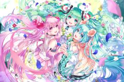  3girls :d aqua_ribbon black_bow black_skirt blue_eyes blue_hair blue_nails blue_trim bow cherry_hair_ornament detached_sleeves floating_hair food-themed_hair_ornament gloves green_eyes green_gloves green_hair hair_bow hair_ornament hatsune_miku holding_hands interlocked_fingers long_hair looking_at_viewer looking_up magical_mirai_miku magical_mirai_miku_(2021) miniskirt multiple_girls nail_polish neck_ribbon pink_eyes pink_hair pink_nails pink_skirt pleated_skirt red_stripes ribbon sakura_miku shirt skirt sleeveless sleeveless_shirt smile striped_bow twintails twitter_username tyouya very_long_hair vocaloid watermark white_shirt white_sleeves white_trim 