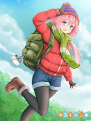  1girl backpack beanie black_pantyhose blush boots coat eyebrows_visible_through_hair green_backpack green_scarf hatsanxp kagamihara_nadeshiko light_blue_eyes looking_at_viewer medium_breasts one_leg_raised pantyhose pink_hair red_coat rucksack shorts yurucamp 