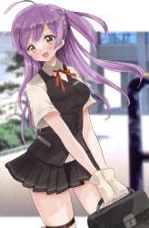  1girl ahoge bag black_skirt black_vest brown_eyes collared_shirt commentary_request dress_shirt gloves hagikaze_(kancolle) kantai_collection kitagawa_mikio one_side_up pleated_skirt purple_hair red_ribbon ribbon school_bag school_uniform shirt skirt smile solo vest white_gloves white_shirt 