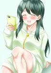  1girl :d absurdres blush cellphone closed_eyes facing_viewer highres holding holding_phone hood hood_down knee_up long_hair phone pontaname simple_background sitting smile solo sumi_suya virtual_youtuber 