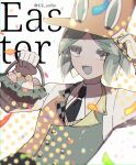  1other :d androgynous aqua_eyes aqua_hair bangs basket black_necktie buttons collared_shirt easter easter_egg egg formal ge_coffin hand_on_headwear hat holding holding_basket houseki_no_kuni looking_at_viewer multicolored_suit necktie open_mouth parted_bangs phosphophyllite shirt smile solo suit top_hat twitter_username 