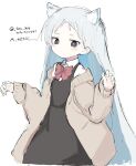  1girl animal_ear_fluff animal_ears blue_hair blush bow bright_pupils closed_mouth grey_background grey_eyes grey_hair highres light_blue_hair long_hair multicolored_hair original red_bow sanma_(tabet_) simple_background sketch sleeves_past_wrists solo translated white_pupils 