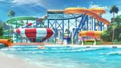  clouds cloudy_sky day highres inflatable_toy ladder lens_flare no_humans non-web_source official_art our_life:_beginnings_and_always outdoors palm_tree pool railing scenery shore sky stairs tree variant_set vent_(object) wading_pool water_slide waterpark waving 
