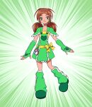 1girl breasts brown_hair fingerless_gloves freckles futari_wa_precure gloves green_eyes green_footwear green_gloves green_skirt green_theme hapuriainen original precure sash shirt skirt small_breasts solo twintails undershirt yellow_sash yellow_shirt