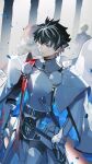  1boy :| armor black_hair blue_eyes blue_flower blue_petals cape charlemagne_(fate) closed_mouth commentary_request expressionless fate/extella fate/extella_link fate/extra fate/grand_order fate_(series) flower highres kk7_000 knight long_sleeves looking_away male_focus multicolored_hair official_alternate_costume pants petals short_hair solo_focus sword two-tone_hair weapon white_armor white_cape white_hair 