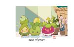  :&gt; :d blush border bounsweet budew closed_mouth commentary flower_pot highres no_humans open_mouth plant pokemon pokemon_(creature) smile smoliv solid_oval_eyes sugahri wavy_mouth white_border yellow_eyes 