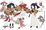  1girl akari_(pokemon) arrow_(projectile) bangs black_footwear black_hair black_sash bow bow_(weapon) brown_eyes brown_jacket closed_mouth commentary commentary_request cosplay eyelashes gloves hisuian_decidueye hisuian_decidueye_(cosplay) jacket knees looking_at_viewer multiple_views noii partially_fingerless_gloves poke_ball poke_ball_(legends) pokemon pokemon_(creature) pokemon_(game) pokemon_legends:_arceus ponytail sash single_glove skirt toeless_footwear treecko weapon white_background wristband 