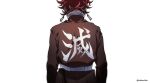  1boy arms_at_sides belt clothes_writing dalc_rose demon_slayer_uniform earrings facing_away from_behind highres jewelry kamado_tanjirou kimetsu_no_yaiba long_sleeves male_focus no_coat redhead short_hair simple_background solo twitter_username upper_body white_background 