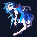  1girl bangs barefoot blue_bow blue_dress blue_hair bow cirno commentary dark_background dress feet hair_bow hair_over_eyes highres ice ice_wings mefomefo neck_ribbon open_mouth red_ribbon ribbon short_hair simple_background teeth toes touhou upper_teeth white_bow wings 