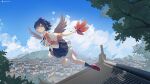  1girl bird_wings black_hair black_legwear black_ribbon black_skirt black_wings clouds collared_shirt commentary_request dated day flying frilled_skirt frills full_body furahata_gen hand_fan hat hauchiwa highres holding holding_fan leaf_print looking_at_viewer mary_janes mountainous_horizon multicolored_shirt neck_ribbon orange_shirt pom_pom_(clothes) red_eyes red_footwear red_headwear ribbon ribbon-trimmed_skirt ribbon_trim rooftop shameimaru_aya shirt shoes short_hair short_sleeves signature skirt smile socks solo tokin_hat touhou tree village white_shirt wings 