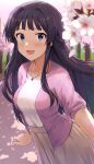  1girl :d absurdres bangs black_hair blue_eyes blunt_bangs blush brown_skirt cherry_blossoms collarbone commentary_request highres idolmaster idolmaster_million_live! jewelry long_hair looking_at_viewer mogami_shizuka necklace open_mouth shirt short_sleeves shuucream_(syuichi) skirt smile solo white_shirt 