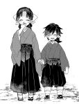  1boy 1girl ^_^ arm_at_side arms_at_sides bangs braid braided_ponytail brother_and_sister child closed_eyes covering_mouth facing_viewer full_body hakama hand_over_own_mouth hand_up happy holding_hands japanese_clothes kimetsu_no_yaiba laughing leg_wrap long_hair long_sleeves monochrome obi pants pants_tucked_in parted_bangs ponytail road sash siblings single_braid standing tabi tomioka_giyuu tomioka_tsutako tuduri wide_sleeves younger zouri 