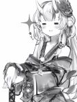  1girl :i =_= bell blush flat_chest greyscale hair_bell hair_ornament hands_on_hilt highres hololive horns japanese_clothes jingle_bell kimono long_hair long_sleeves mask mask_on_head monochrome nakiri_ayame nanashi_(nlo) oni_horns oni_mask simple_background solo upper_body white_background 