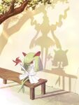  bench commentary_request cracked_floor darkrai day different_shadow highres kirlia looking_down outdoors pinwheel pokemon pokemon_(creature) ponkotsu_tanupon red_eyes shadow sitting 