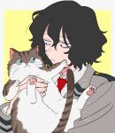  1boy animal black_hair boku_no_hero_academia border cat closed_mouth collared_shirt commentary eraser_head_(boku_no_hero_academia) grey_jacket hair_between_eyes holding holding_animal holding_cat jacket long_sleeves looking_at_animal male_focus necktie nns146 outside_border pawpads red_necktie school_uniform shirt short_hair simple_background teenage u.a._school_uniform white_border white_shirt yellow_background younger 