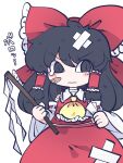  1girl bandaid bandaid_on_face bare_shoulders black_eyes black_hair blush_stickers bow closed_mouth detached_sleeves eyebrows_visible_through_hair fried_rice0614 gohei hair_between_eyes hair_bow hair_tubes hakurei_reimu highres japanese_clothes long_hair nontraditional_miko one-hour_drawing_challenge red_bow red_skirt ribbon-trimmed_sleeves ribbon_trim sidelocks simple_background skirt solo touhou upper_body white_background white_sleeves wide_sleeves 