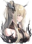  1girl arknights bare_shoulders blonde_hair breasts brown_eyes commentary highres horns large_breasts long_hair off_shoulder ponytail shining_(arknights) shining_(silent_night)_(arknights) sikinose_val simple_background solo upper_body white_background 