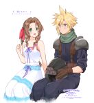  1boy 1girl aerith_gainsborough armor bangs bare_arms blonde_hair blue_eyes blush bow braid braided_ponytail brown_hair cloud_strife crisis_core_final_fantasy_vii dress final_fantasy final_fantasy_vii gloves green_eyes hair_between_eyes hair_bow hand_up headwear_removed helmet helmet_removed highres krudears open_mouth parted_bangs shoulder_armor sidelocks sitting sleeves_rolled_up spiky_hair suspenders upper_body wavy_hair white_background white_dress younger 