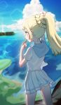  1girl adjusting_hair apopo arm_up blonde_hair braid clouds commentary_request day eyelashes green_eyes hand_up highres lillie_(pokemon) long_hair mouth_hold outdoors pleated_skirt pokemon pokemon_(game) pokemon_sm ponytail shirt short_sleeves skirt sky solo standing white_shirt white_skirt 