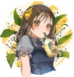  1girl brand_name_imitation brown_hair cafe coffee cup disposable_cup drink drinking drinking_straw eyebrows_visible_through_hair flower frappuccino hair_flower hair_ornament hana_(h6n6_matsu) highres holding holding_cup logo_parody looking_at_viewer nail_polish open_mouth original puffy_short_sleeves puffy_sleeves short_hair short_sleeves solo starbucks yellow_eyes 