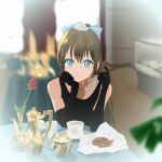  1girl black_gloves blue_bow blue_eyes blurry blurry_background bow breakfast_at_tiffany&#039;s brown_hair cup dress elbow_gloves elbows_on_table flower food glint gloves hair_bow highres indoors jewelry long_hair love_live! love_live!_nijigasaki_high_school_idol_club necklace oekaki_fnyanky ousaka_shizuku pearl_necklace pitcher pocky sleeveless sleeveless_dress smile solo sugar_cube vase 