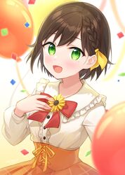  1girl :d balloon bangs blush braid brown_hair center_frills collared_shirt confetti corset eyebrows_visible_through_hair flower frills green_eyes hair_ribbon hand_on_own_chest highres kashiko_mari long_sleeves looking_to_the_side midori_miyako mole mole_under_eye neck_ribbon open_mouth re:act ribbon shirt short_hair signature skirt smile solo sunflower underbust virtual_youtuber 