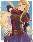  1girl armor arrow_(projectile) belt black_gloves blonde_hair blue_background blue_eyes bow_(weapon) breastplate clarisse_(fire_emblem) cowboy_shot ebinku elbow_gloves fire_emblem fire_emblem:_mystery_of_the_emblem fire_emblem:_new_mystery_of_the_emblem gloves highres holding holding_bow_(weapon) holding_weapon long_hair looking_at_viewer purple_skirt quiver short_sleeves skirt solo very_long_hair weapon 