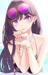  1girl absurdres bangs bikini black_hair breasts earrings eyebrows_visible_through_hair eyewear_on_head head_rest highres ichiki_1 jewelry large_breasts long_hair looking_at_viewer original simple_background solo sunglasses swimsuit upper_body violet_eyes 