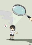  1girl ? black_hair highres kishimen_udn magnifying_glass minigirl original school_uniform short_hair simple_background smoke spoken_question_mark 