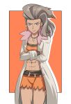 1girl abs absurdres armband bracelet bright_pupils crossed_arms earrings ememtrp fangs green_eyes hair_ornament highres jewelry labcoat long_hair midriff muscular muscular_female navel necklace orange_shorts pink_fur pokemon pokemon_(game) pokemon_sv professor_sada sada_(pokemon) shorts white_pupils