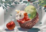  absurdres apple basket commentary_request fangs food fruit fuecoco highres in_basket looking_down no_humans open_mouth pokemon pokemon_(creature) sizuru_(garasuame0206) trembling twitter_username water_drop 