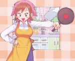  1girl :d alternate_breast_size apron bandana blue_pants border bow breasts brown_hair buttons collared_shirt cooking_mama frying_pan gingham gingham_border hand_on_hip holding holding_frying_pan indoors inkerton-kun kitchen large_breasts long_sleeves looking_at_viewer mama_(cooking_mama) open_mouth orange_theme outside_border pants shirt short_hair smile solo tenugui waist_bow white_shirt yellow_apron yellow_bow 