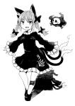 1girl :d animal_ears bow braid cat_ears cat_tail chups dress floating_skull frilled_dress frills greyscale hair_bow highres hitodama kaenbyou_rin long_sleeves looking_at_viewer monochrome multiple_tails nekomata open_mouth skull smile solo tail touhou twin_braids