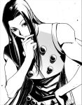  1boy black_eyes black_hair frown greyscale hand_on_hip hand_on_own_chin hunter_x_hunter illumi_zoldyck long_hair male_focus monochrome muscular muscular_male shirt simple_background sleeveless sleeveless_shirt solo upper_body very_long_hair white_background xxlsid48 