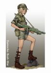  1girl absurdres aqua_eyes assault_rifle belt_pouch blonde_hair boots border braid camouflage camouflage_headwear camouflage_shirt collared_shirt english_commentary english_text full_body gradient gradient_background green_shirt green_shorts gun hat highres holding holding_gun holding_weapon knife leather leather_boots leg_belt looking_at_viewer mardjan medium_hair open_mouth outside_border pouch rifle shirt short_shorts shorts sidelocks simple_background single_braid sleeves_rolled_up solo standing stepped_on thigh-highs warhammer_40k weapon white_border wing_collar 