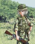  1girl absurdres assault_rifle belt_pouch blurry blurry_background camouflage camouflage_headwear camouflage_jacket camouflage_pants commentary_request cowboy_shot english_commentary grey_hair gun hair_between_eyes hand_on_hip hat headwear_request highres holding holding_gun holding_weapon holster jacket military mixed-language_commentary original outdoors pants pouch red_eyes rifle short_hair sleeves_rolled_up smirk smoke_grenade soldier solo standing tudou_jun watch watch watermark weapon weapon_request 