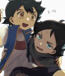  2boys ash_ketchum black_hair blue_eyes brown_eyes carrying child close-up commentary_request dark-skinned_male dark_skin eyebrows_visible_through_hair goh_(pokemon) highres holding_person implied_yaoi lifting lifting_person male_child male_focus meddo multiple_boys open_mouth pokemon short_hair short_sleeves simple_background smile white_background 