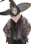  1girl bare_shoulders black_choker black_hair black_headwear choker closed_mouth cowboy_shot grey_eyes hat looking_at_viewer matayoshi off_shoulder original shawl short_hair simple_background solo standing white_background witch_hat 