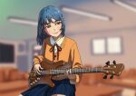  1girl absurdres bangs bass_guitar blue_hair blue_skirt blurry blurry_background blush brown_cardigan brown_eyes cardigan classroom collared_shirt commentary_request dress_shirt earrings english_commentary guitar head_tilt highres holding holding_instrument instrument jewelry lips long_sleeves medium_hair mixed-language_commentary music neck_ribbon original playing_instrument pleated_skirt red_ribbon ribbon ring school_uniform shirt sitting skirt smile solo tudou_jun white_shirt 