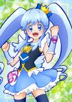  black_legwear blue_background blue_eyes blue_hair blue_skirt brooch cowboy_shot crown cure_princess eyebrows_visible_through_hair hair_between_eyes happinesscharge_precure! jewelry looking_at_viewer magical_girl mini_crown open_mouth plant precure shihou_rebu shirayuki_hime short_sleeves skirt smile thigh-highs twintails vest watch watch wing_brooch wing_earrings wrist_cuffs 