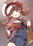  1girl bag blue_overalls bow brown_eyes brown_hair cabbie_hat hat hat_bow highres holding holding_bag holding_poke_ball looking_at_viewer lyra_(pokemon) open_mouth overalls poke_ball pokemon pokemon_(game) pokemon_hgss red_bow red_shirt shirt twintails umiru white_headwear 