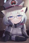 1girl absurdres animal_ears bespectacled blue_archive blue_hair blush cal_minutes epaulettes glasses gloves hair_ornament hairclip hand_on_own_chin hat highres looking_at_viewer military military_hat military_uniform shigure_(blue_archive) short_hair smile solo uniform violet_eyes visor_cap 
