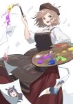  1girl :d absurdres apron bangs beret braid braided_bangs brown_apron brown_eyes brown_hair cleavage_cutout clothing_cutout feathers hat highres hololive hololive_english long_skirt looking_at_viewer multicolored_hair nanashi_mumei nanashi_mumei&#039;s_horror_painting official_alternate_costume paint_splatter paintbrush palette_(object) paper pleated_skirt red_skirt shirt short_hair skirt smile streaked_hair virtual_youtuber white_shirt wind wind_lift yogurt_dahi 