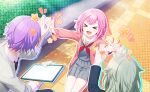 1boy 2girls bush closed_eyes highfive jacket kamishiro_rui kusanagi_nene necktie official_art ootori_emu open_mouth pink_hair project_sekai school_uniform short_hair smile solo_focus star sunlight table